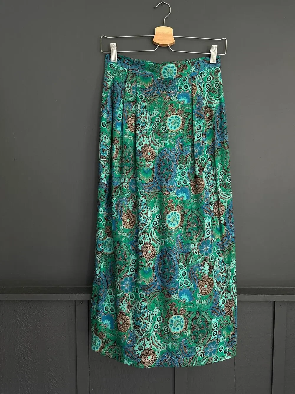 Vintage Kathryn Conover Union Made Green Paisley Straight Midi Skirt Size XXS